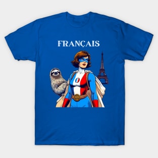 Francais: Female 60's Comic Book Hero with Sloth T-Shirt